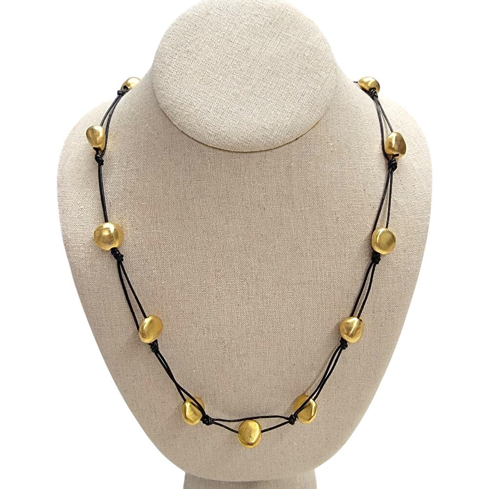 Deborah Grivas Matte Gold Nugget Bead Double Black Cord Station Necklace